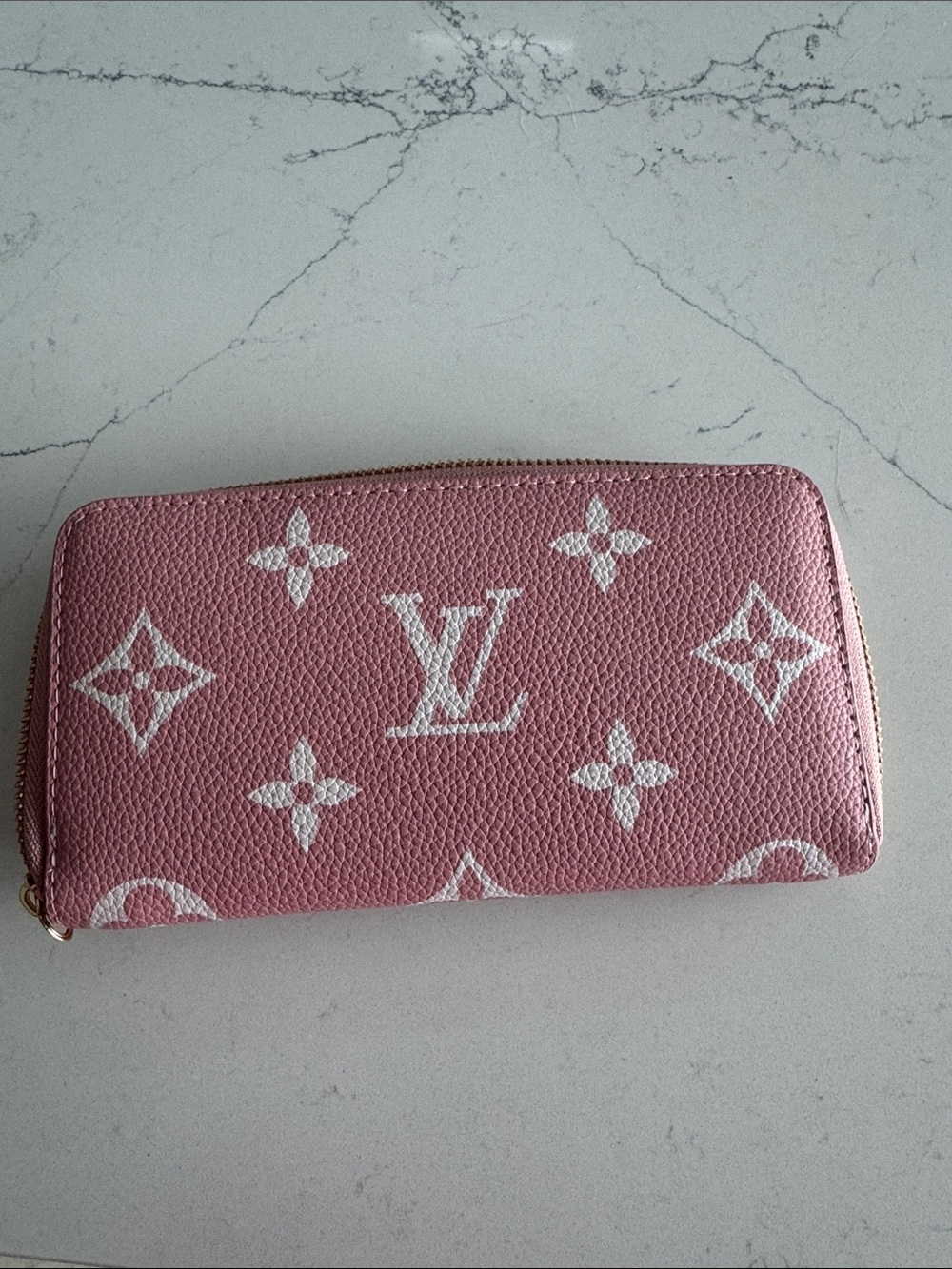 Boutique Inspired Pink Monogram Zip Around Wallet with White Motifs